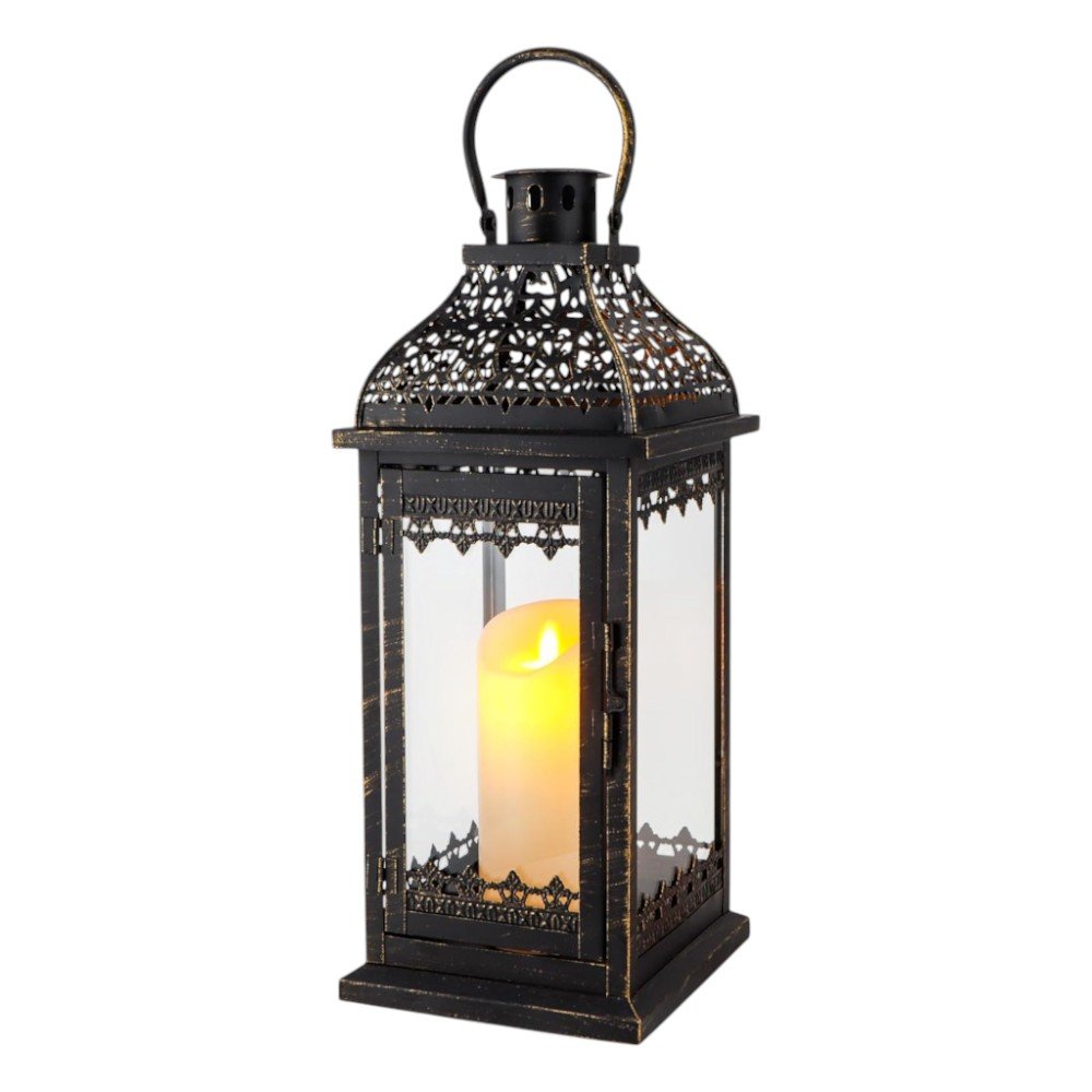 Set of Two Clear And Black Glass And Metal Tabletop Lantern Candle Holders