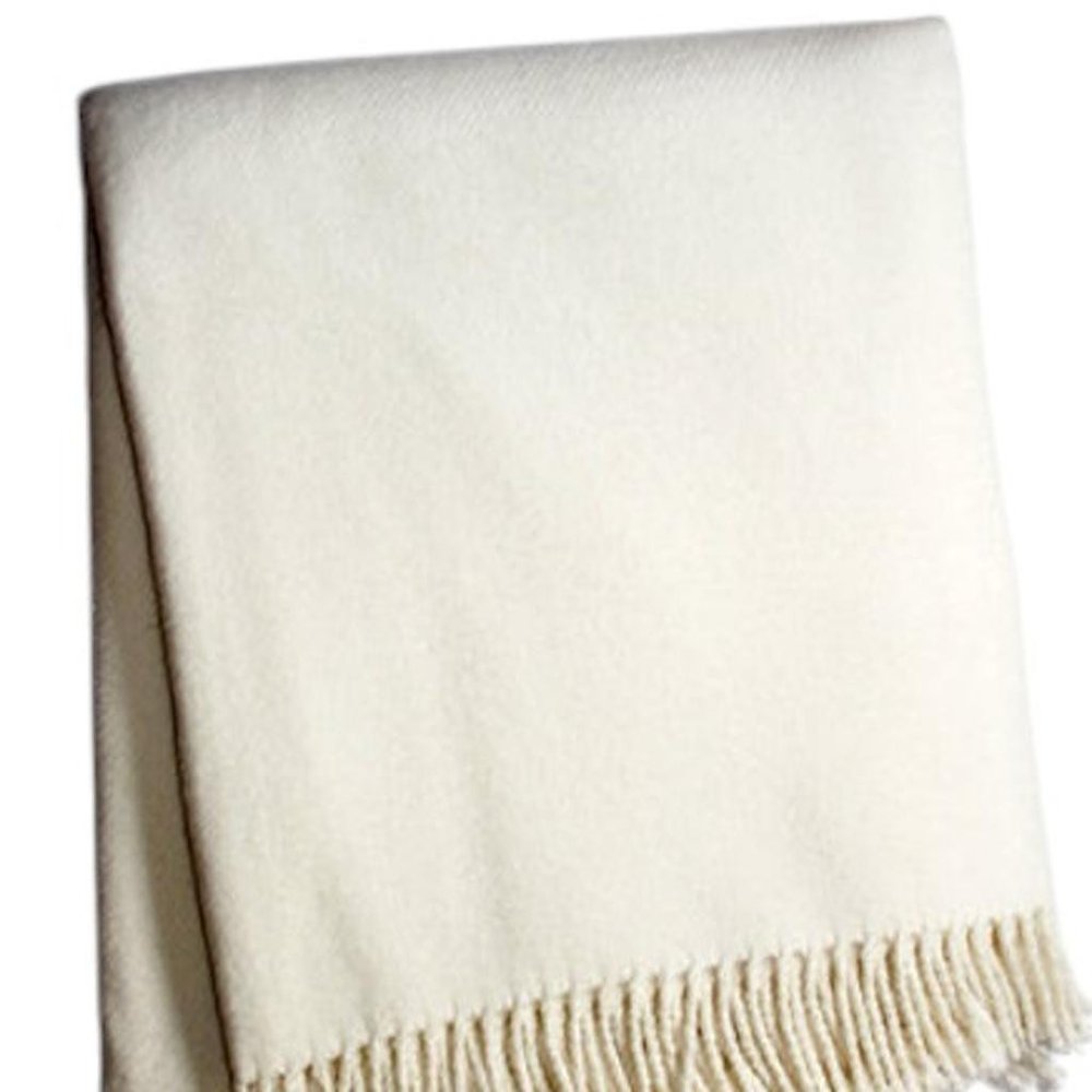 55" X 70" Cream Cotton Blend Plush Throw Blanket with Fringe