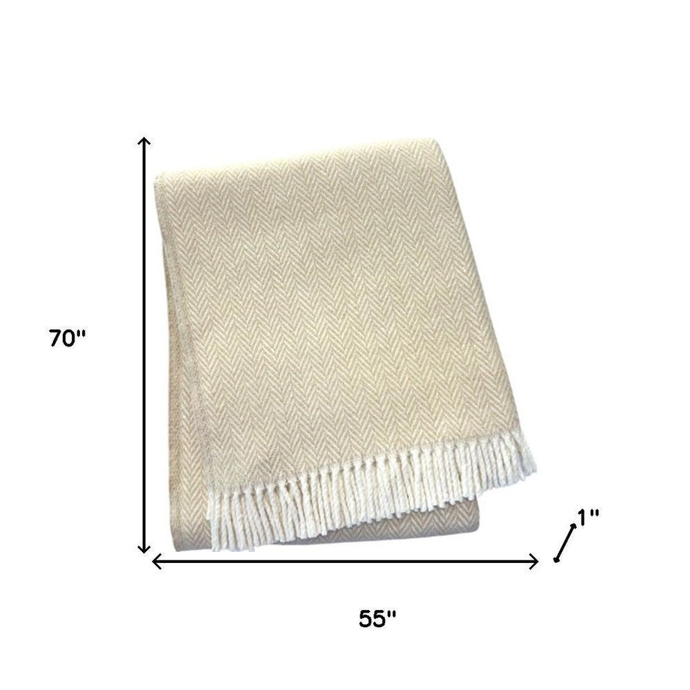 55" X 70" Linen And White Cotton Blend Herringbone Throw Blanket with Fringe