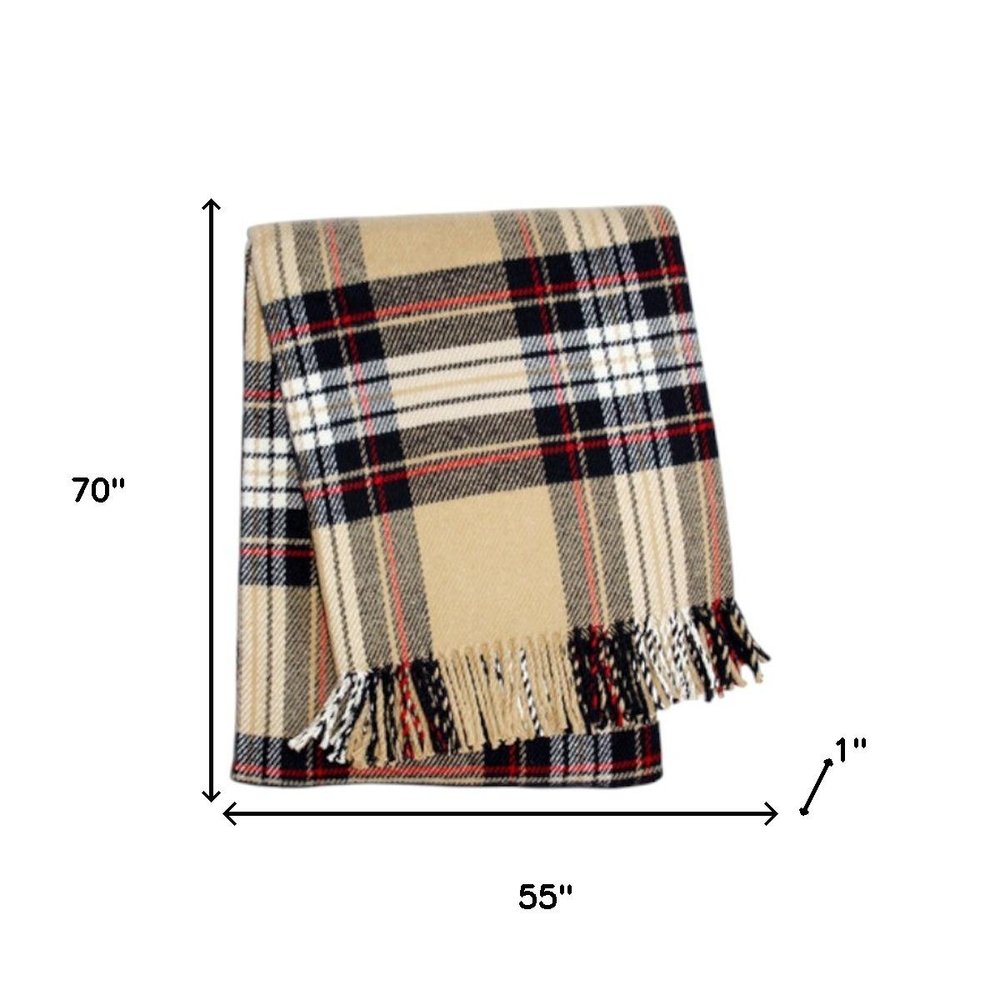 55" X 70" Camel Black Red And White Cotton Blend Plaid Throw Blanket with Fringe