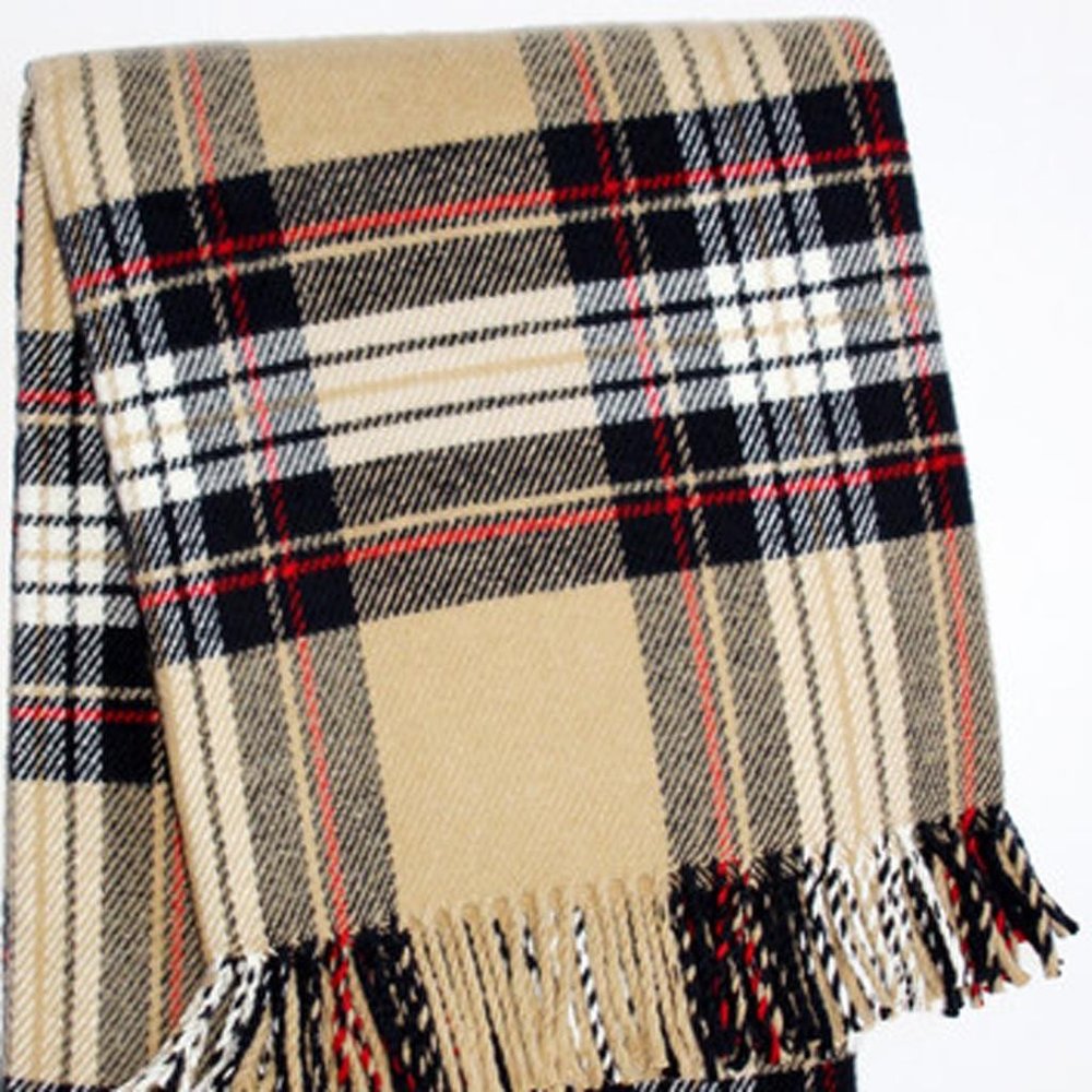 55" X 70" Camel Black Red And White Cotton Blend Plaid Throw Blanket with Fringe