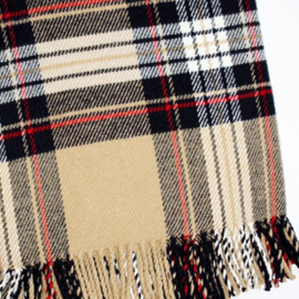 55" X 70" Camel Black Red And White Cotton Blend Plaid Throw Blanket with Fringe