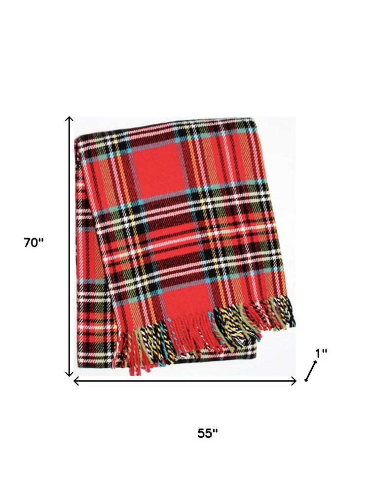 55" X 70" Red Black And White Plaid Cotton Blend Plaid Throw Blanket with Fringe