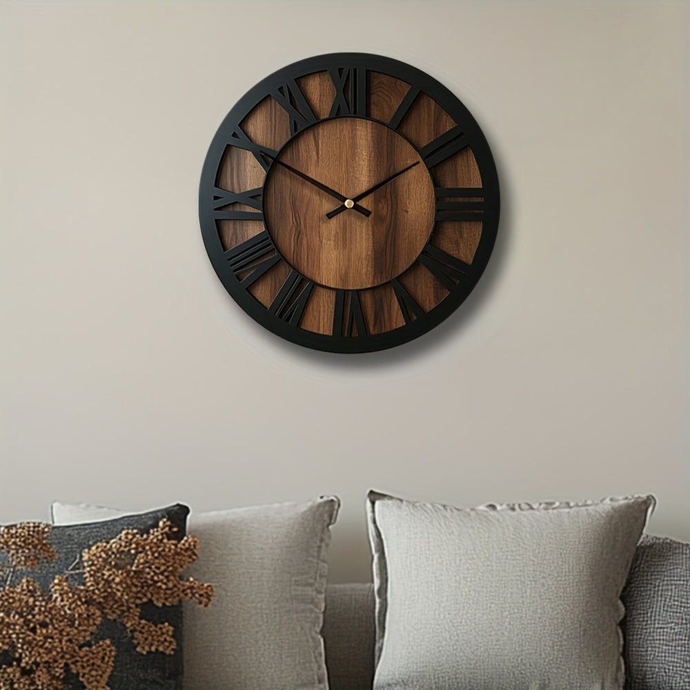 14" Black And Brown Solid Wood Silent Analog Round Wall Clock