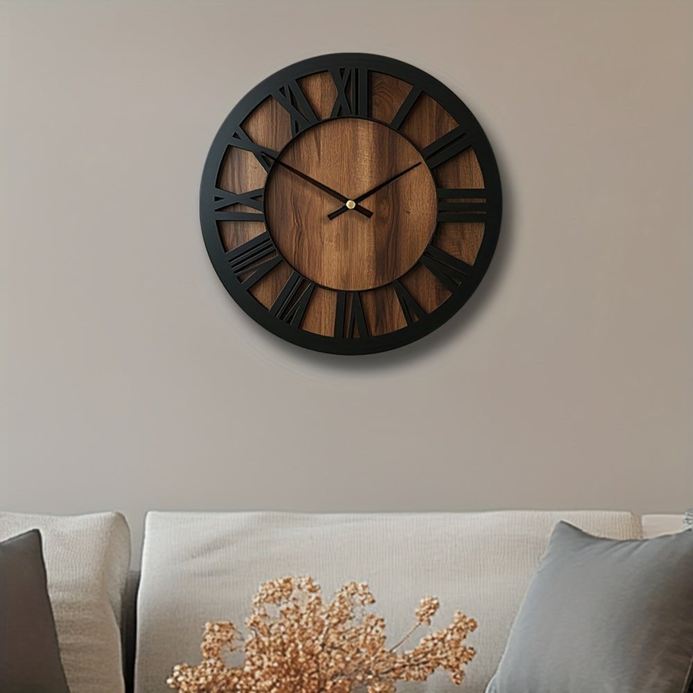 14" Black And Brown Solid Wood Silent Analog Round Wall Clock