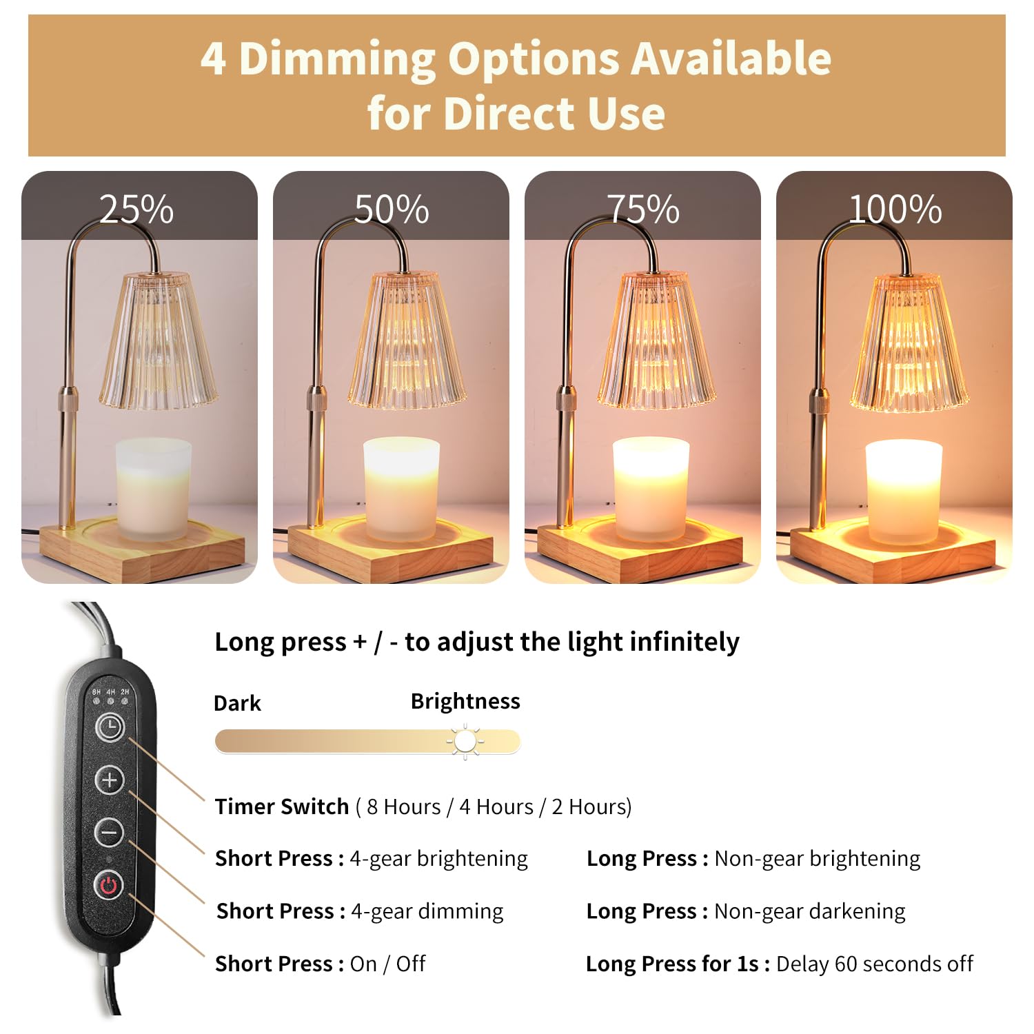 Candle Warmer Lamp with Dimmer, Adjustable Height with 2 Bulbs, (Amber)