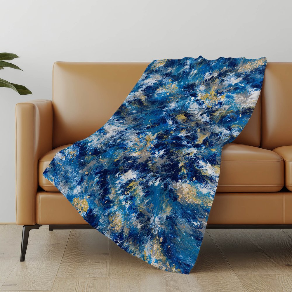 50" X 70" Blue Ivory And Gold Abstract Microfiber Plush Throw Blanket