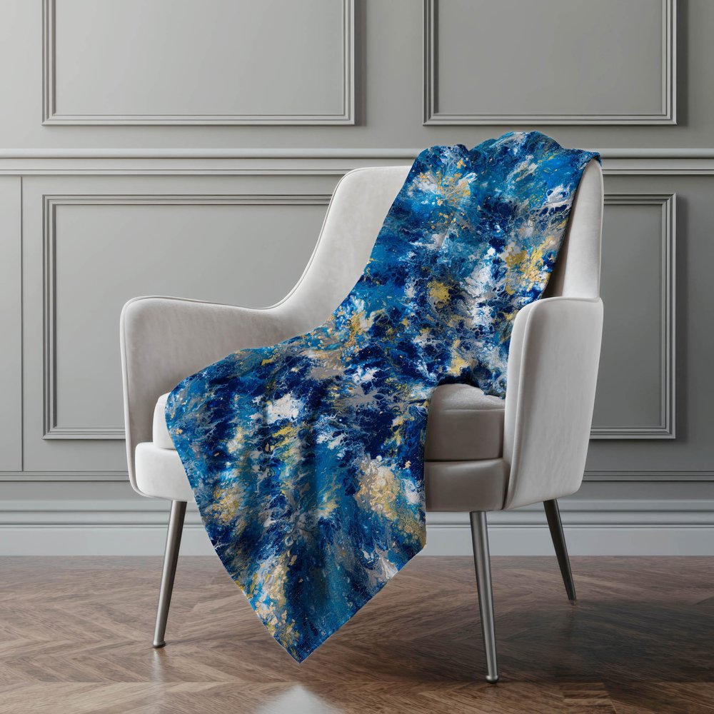 50" X 70" Blue Ivory And Gold Abstract Microfiber Plush Throw Blanket