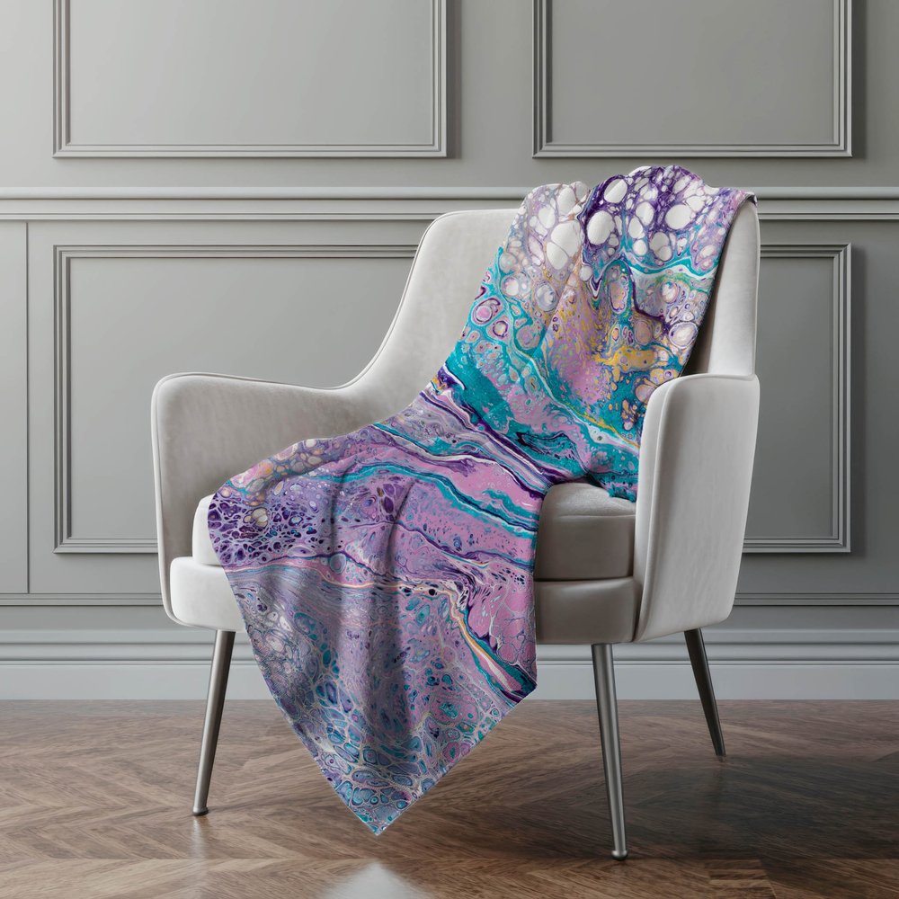 50" X 70" Purple Ivory And Teal Abstract Microfiber Plush Throw Blanket