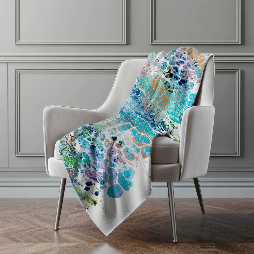 50" X 70" Blue Gold And Pink Abstract Polyester Woven Plush Throw Blanket