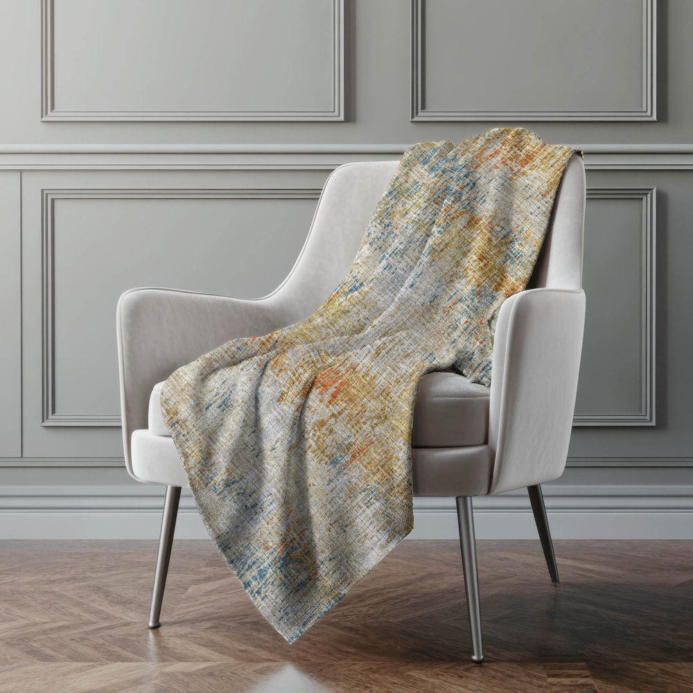 50" X 70" Beige Blue And Gold Abstract Polyester Woven Plush Throw Blanket