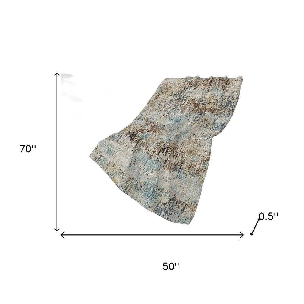 50" X 70" Beige Blue And Coffee Abstract Polyester Woven Plush Throw Blanket