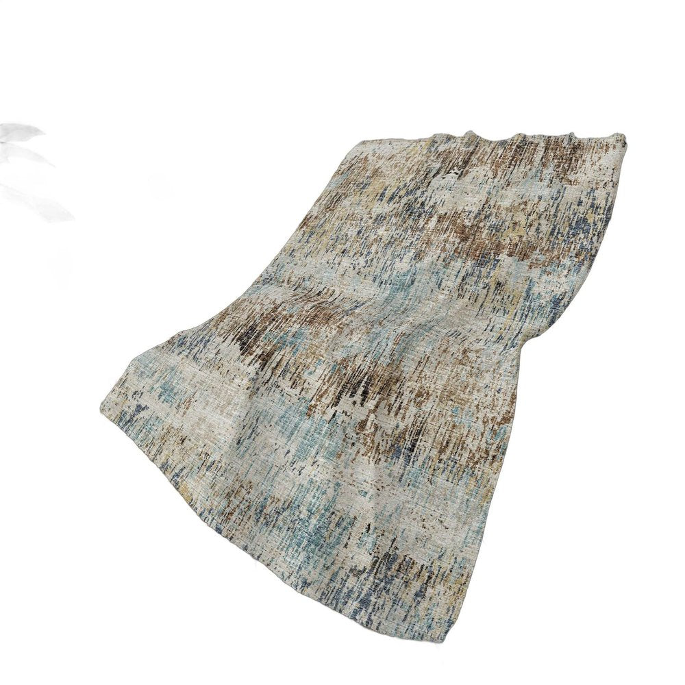 50" X 70" Beige Blue And Coffee Abstract Polyester Woven Plush Throw Blanket