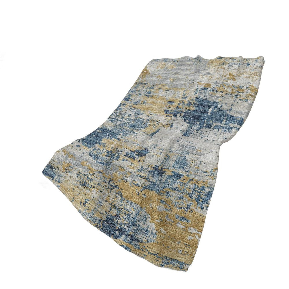 50" X 70" Blue Gold And Ivory Abstract Polyester Woven Plush Throw Blanket