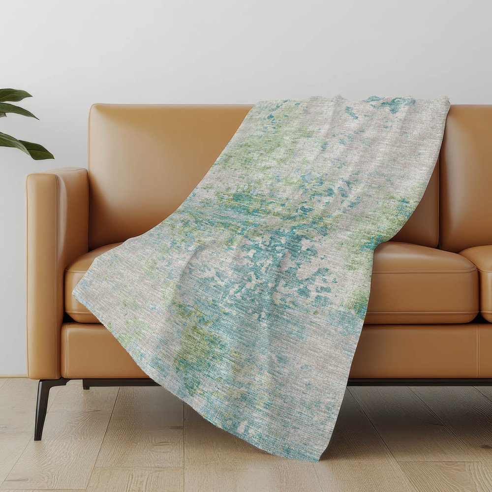 50" X 70" Green Teal And Beige Abstract Microfiber Plush Throw Blanket