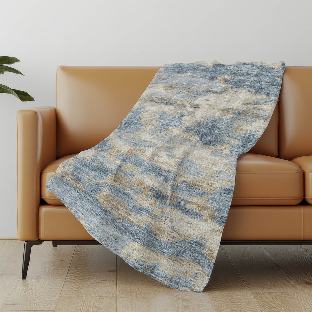 50" X 70" Blue Gold And Silver Abstract Microfiber Plush Throw Blanket