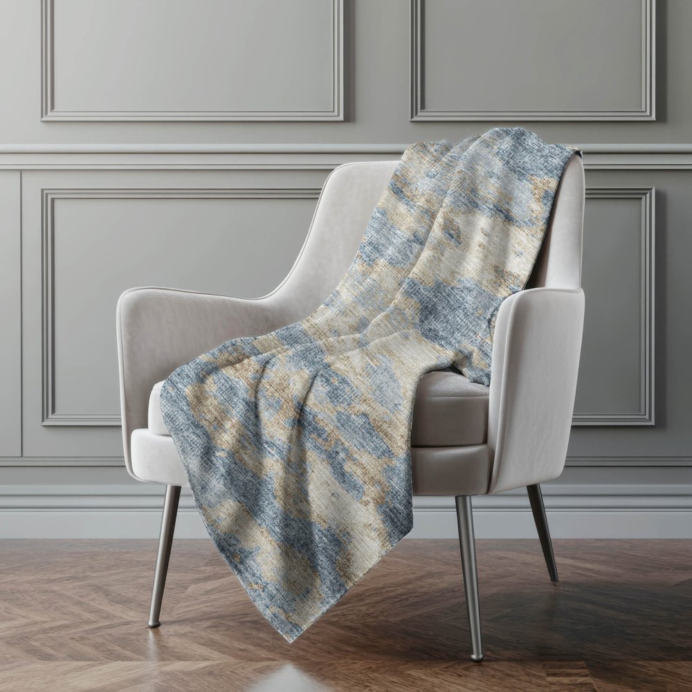 50" X 70" Blue Gold And Silver Abstract Microfiber Plush Throw Blanket