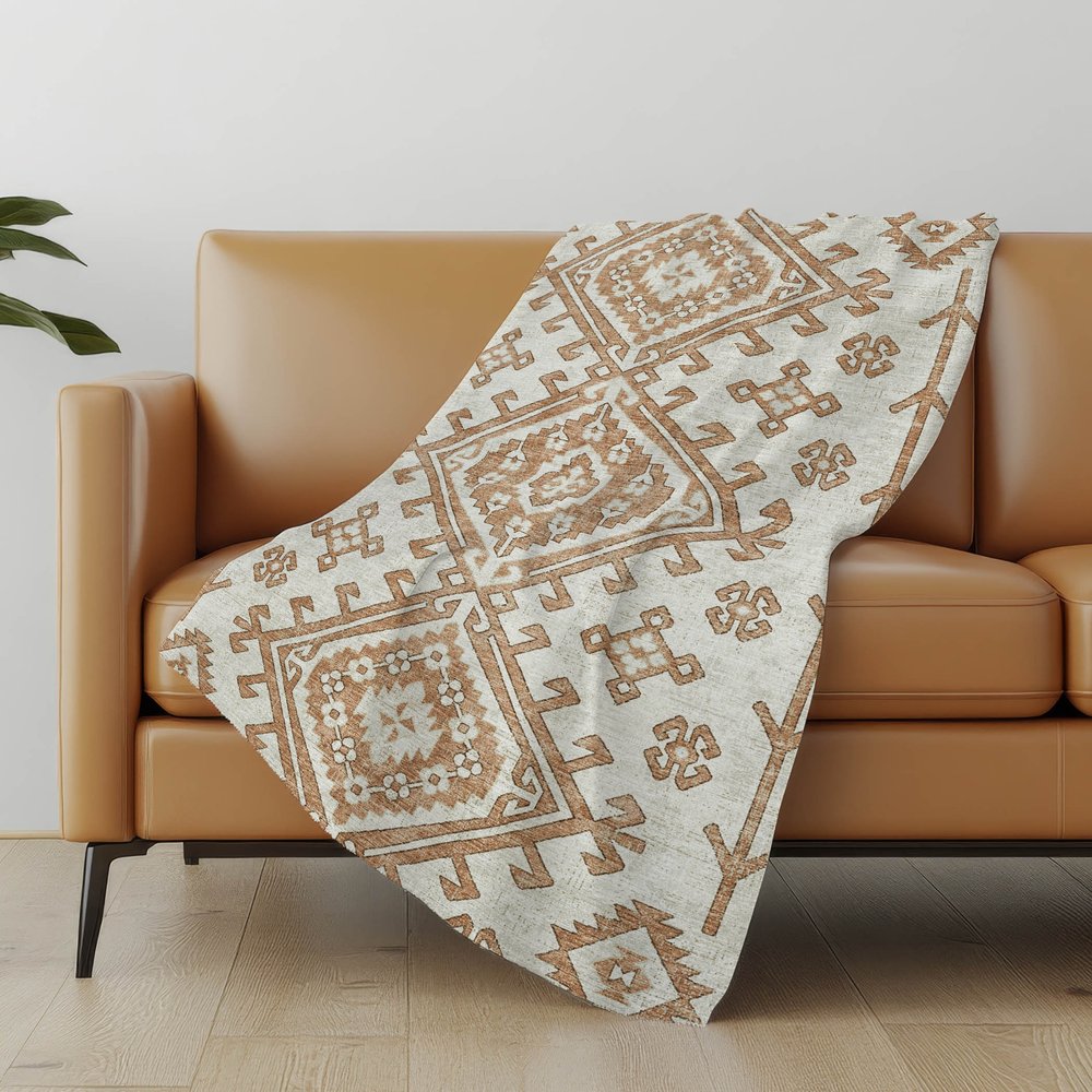 50" X 70" Beige And Chocolate Southwestern Polyester Woven Plush Throw Blanket