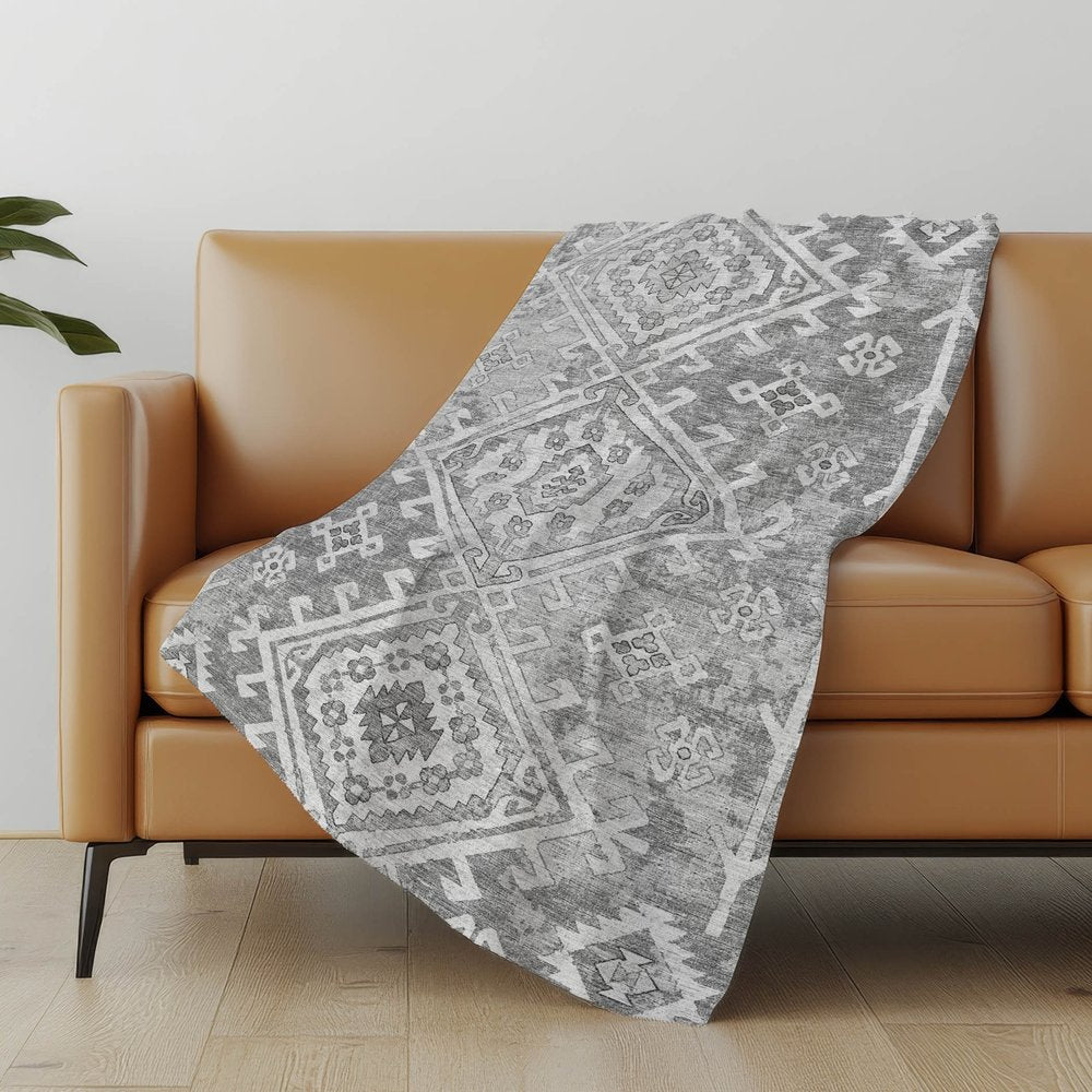 50" X 70" Pewter And Beige Southwestern Microfiber Plush Throw Blanket