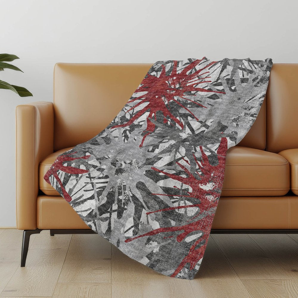 50" X 70" Red And Gray Abstract Polyester Woven Plush Throw Blanket
