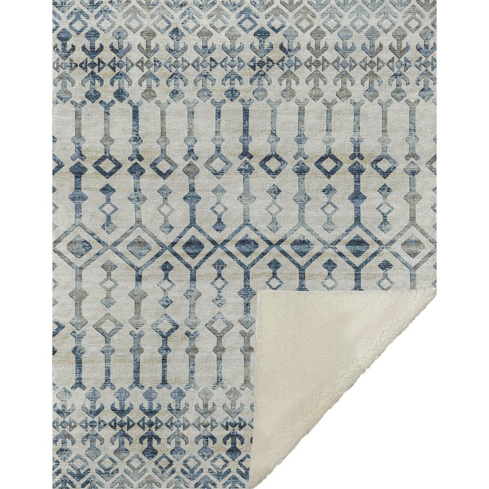 50" X 70" Ivory And Teal Geometric Microfiber Plush Throw Blanket