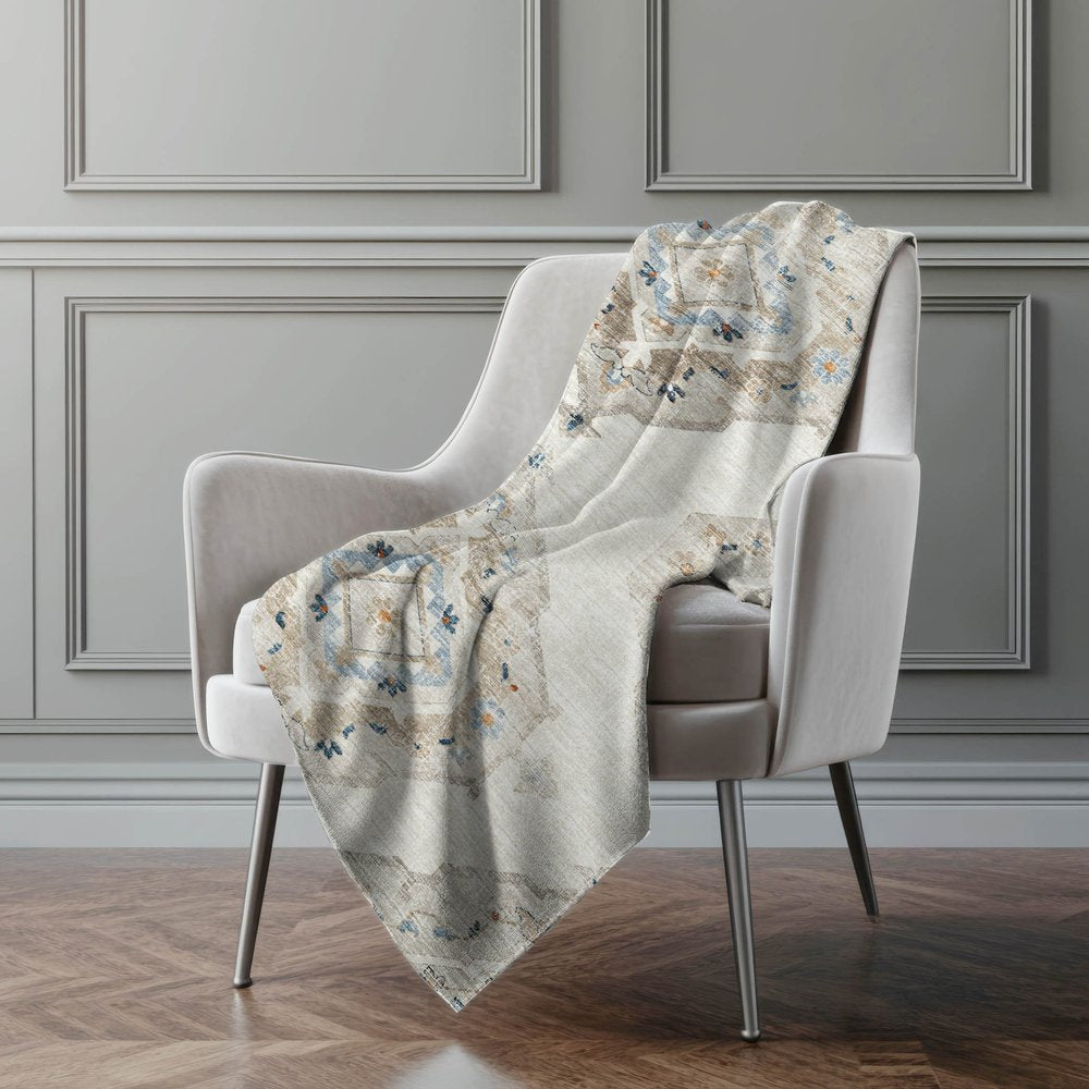 50" X 70" Linen Coffee And Ivory Floral Polyester Woven Plush Throw Blanket
