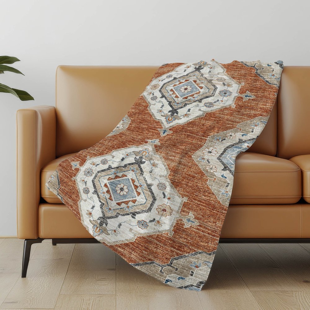 50" X 70" Rust Ivory And Blue Floral Microfiber Plush Throw Blanket