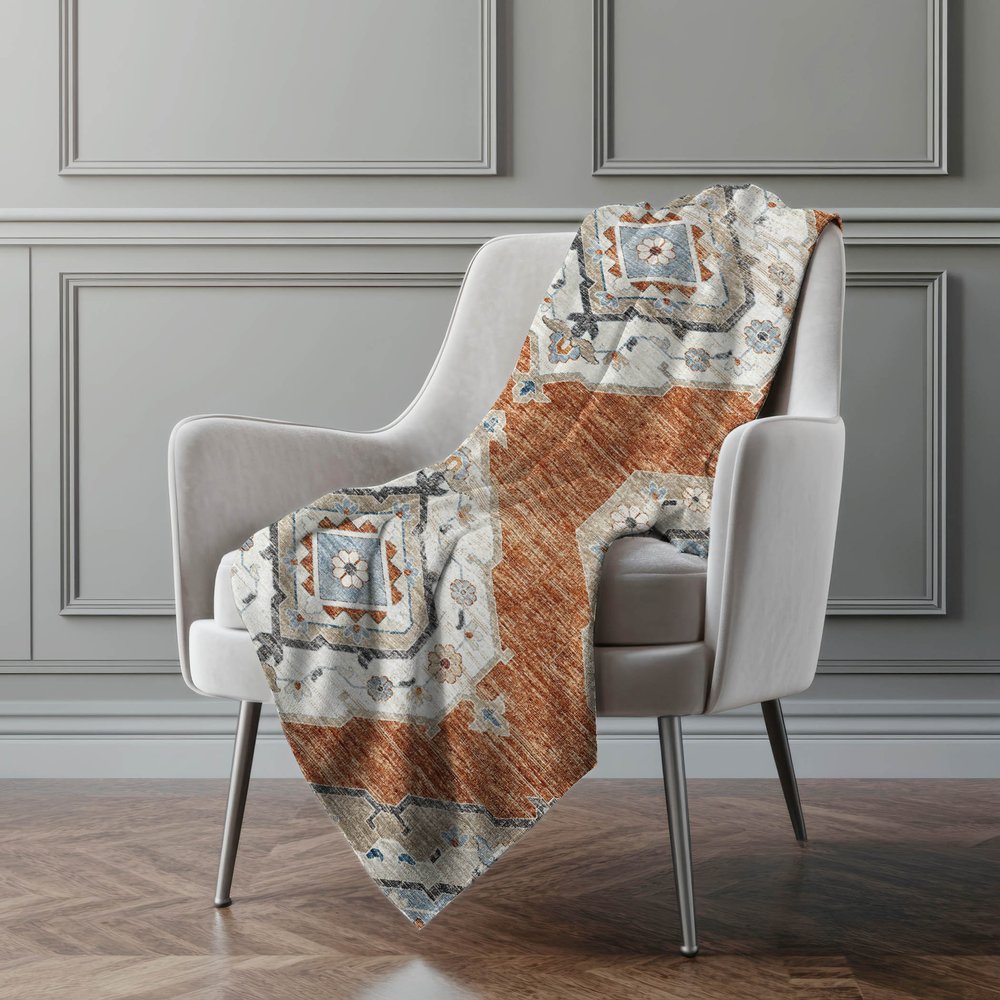 50" X 70" Rust Ivory And Blue Floral Microfiber Plush Throw Blanket