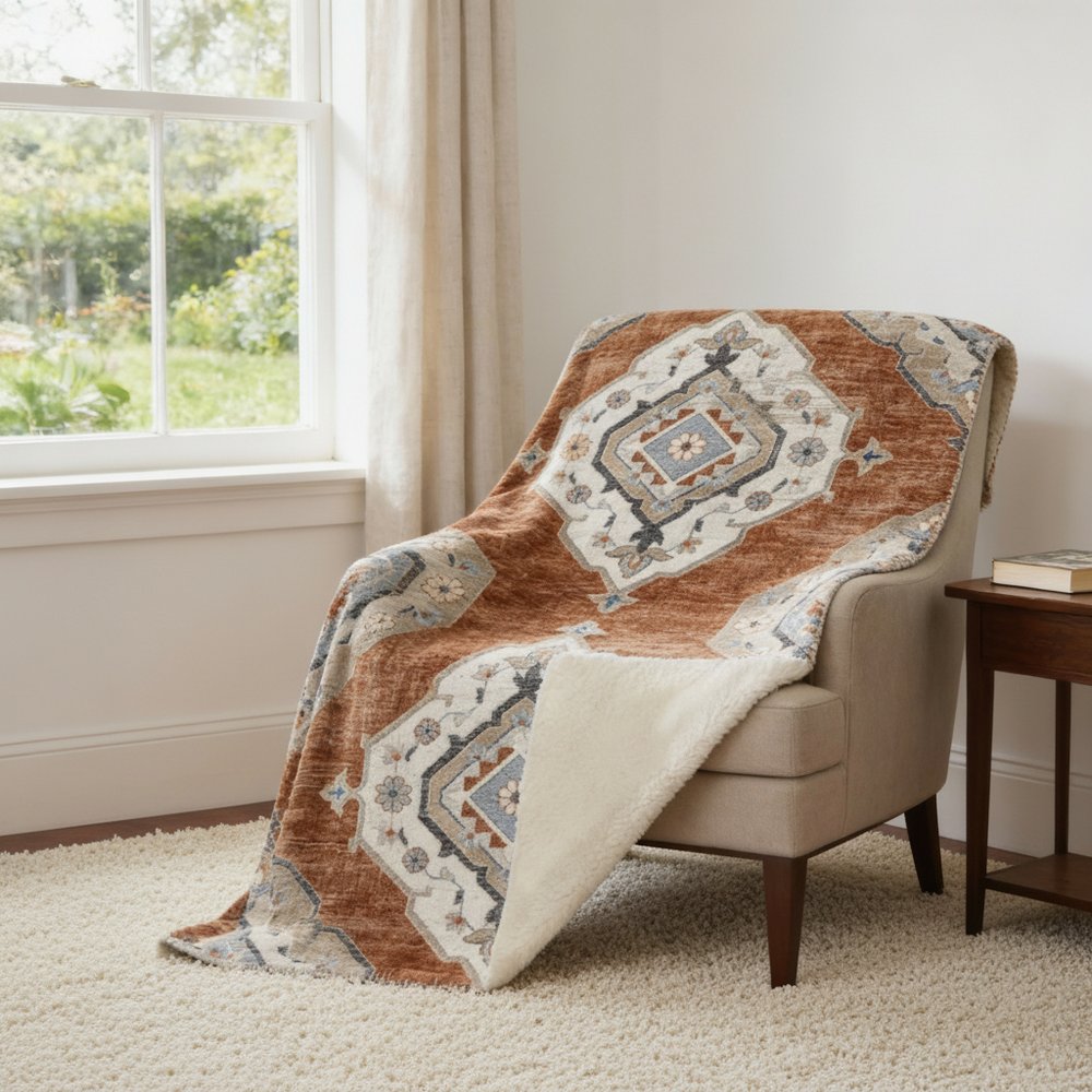 50" X 70" Rust Ivory And Blue Floral Microfiber Plush Throw Blanket