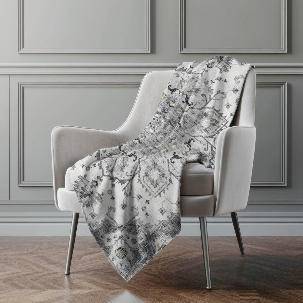 50" X 70" Charcoal Gray And Ivory Floral Polyester Woven Plush Throw Blanket