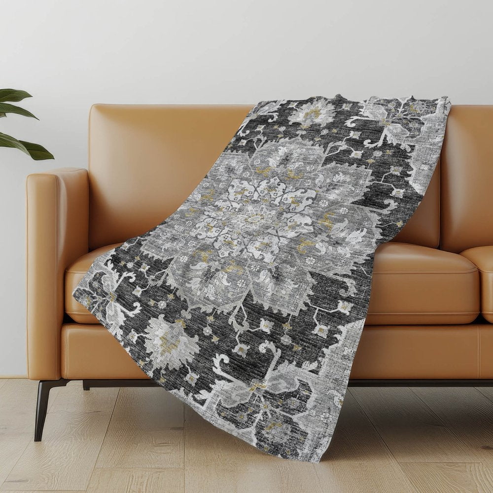 50" X 70" Charcoal Gold And Gray Floral Microfiber Plush Throw Blanket
