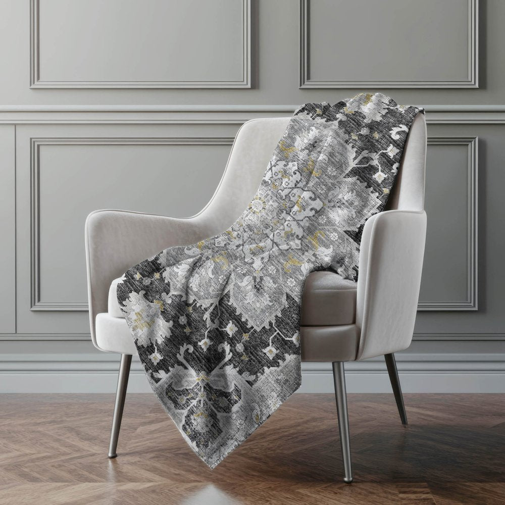 50" X 70" Charcoal Gold And Gray Floral Microfiber Plush Throw Blanket