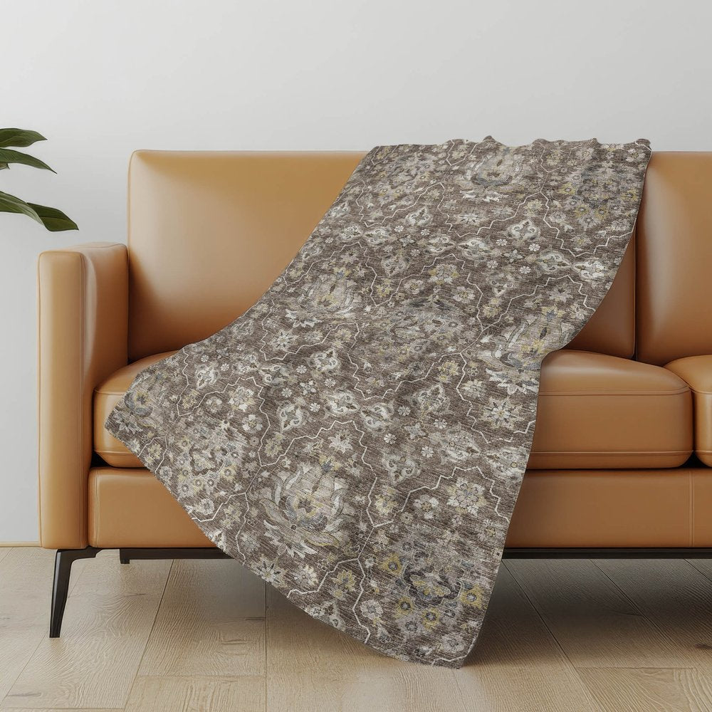 50" X 70" Chocolate And Ivory Floral Polyester Woven Plush Throw Blanket