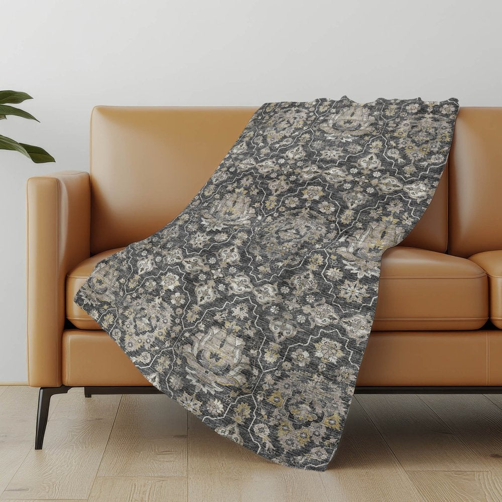 50" X 70" Charcoal Ivory And Coffee Floral Polyester Woven Plush Throw Blanket