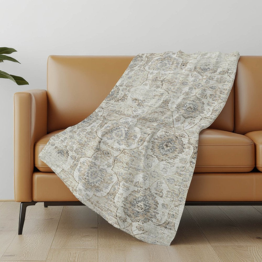 50" X 70" Linen Coffee And Ivory Damask Microfiber Plush Throw Blanket
