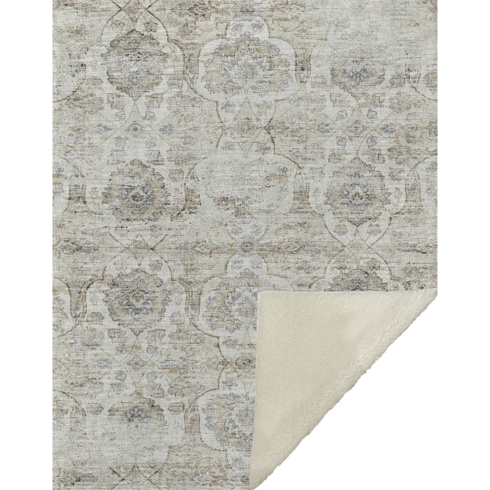 50" X 70" Linen Coffee And Ivory Damask Microfiber Plush Throw Blanket