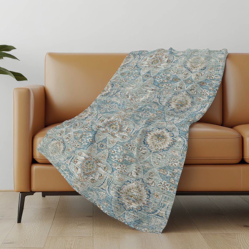 50" X 70" Ivory Coffee And Teal Damask Microfiber Plush Throw Blanket