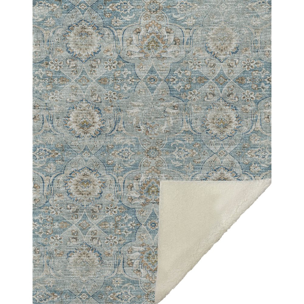 50" X 70" Ivory Coffee And Teal Damask Microfiber Plush Throw Blanket