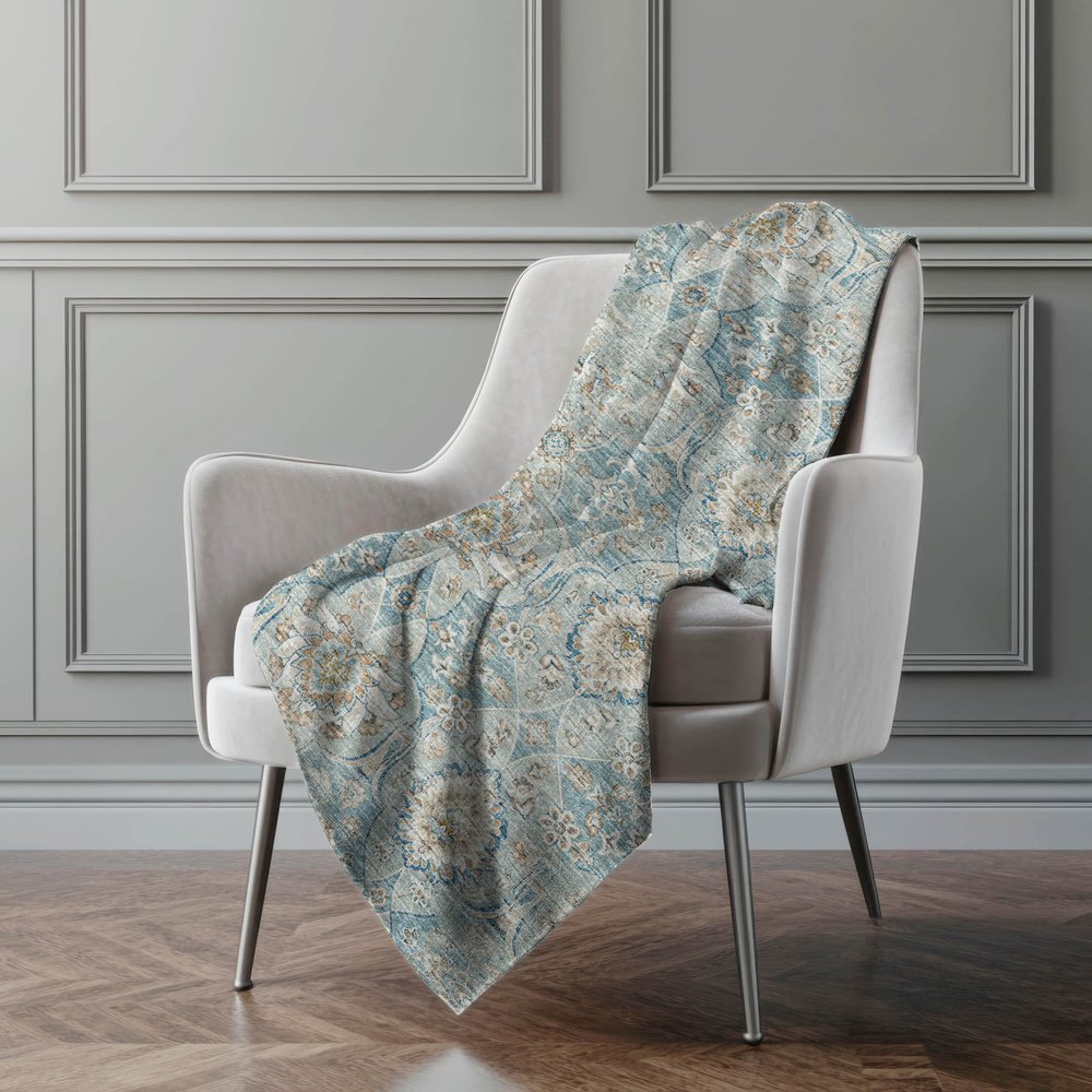 50" X 70" Ivory Coffee And Teal Damask Microfiber Plush Throw Blanket