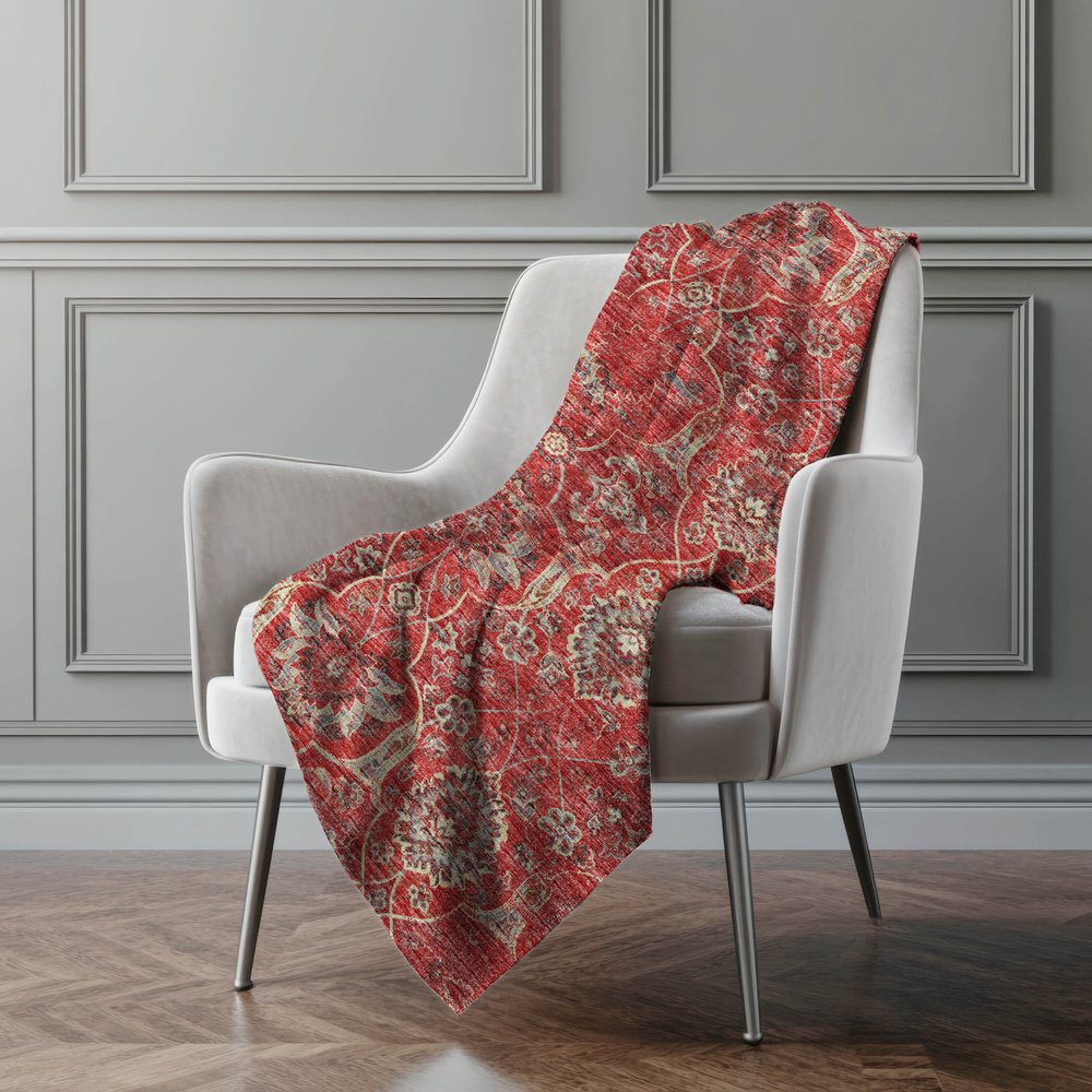 50" X 70" Red Pewter And Beige Damask Microfiber Plush Throw Blanket