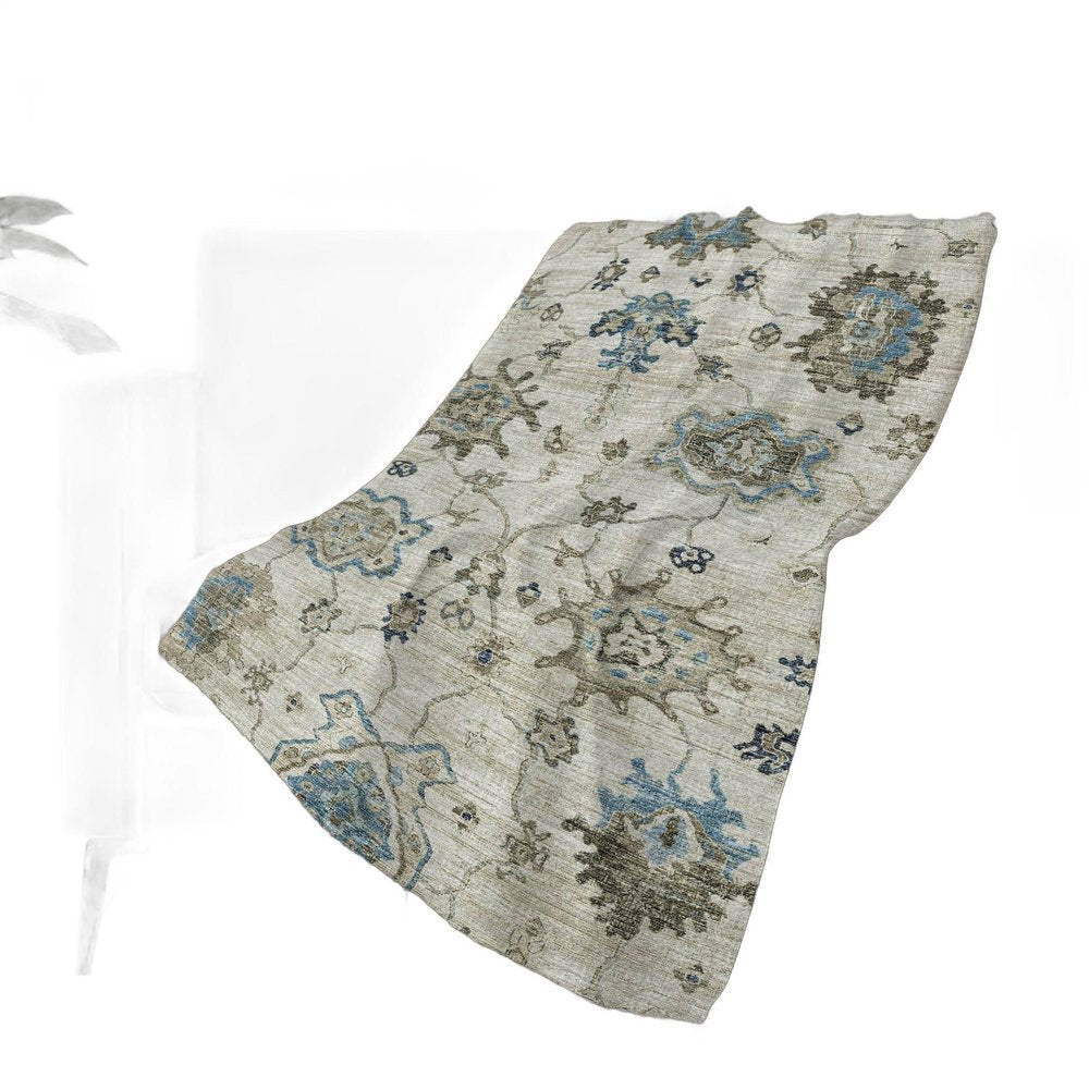 50" X 70" Blue Charcoal And Ivory Floral Polyester Woven Plush Throw Blanket