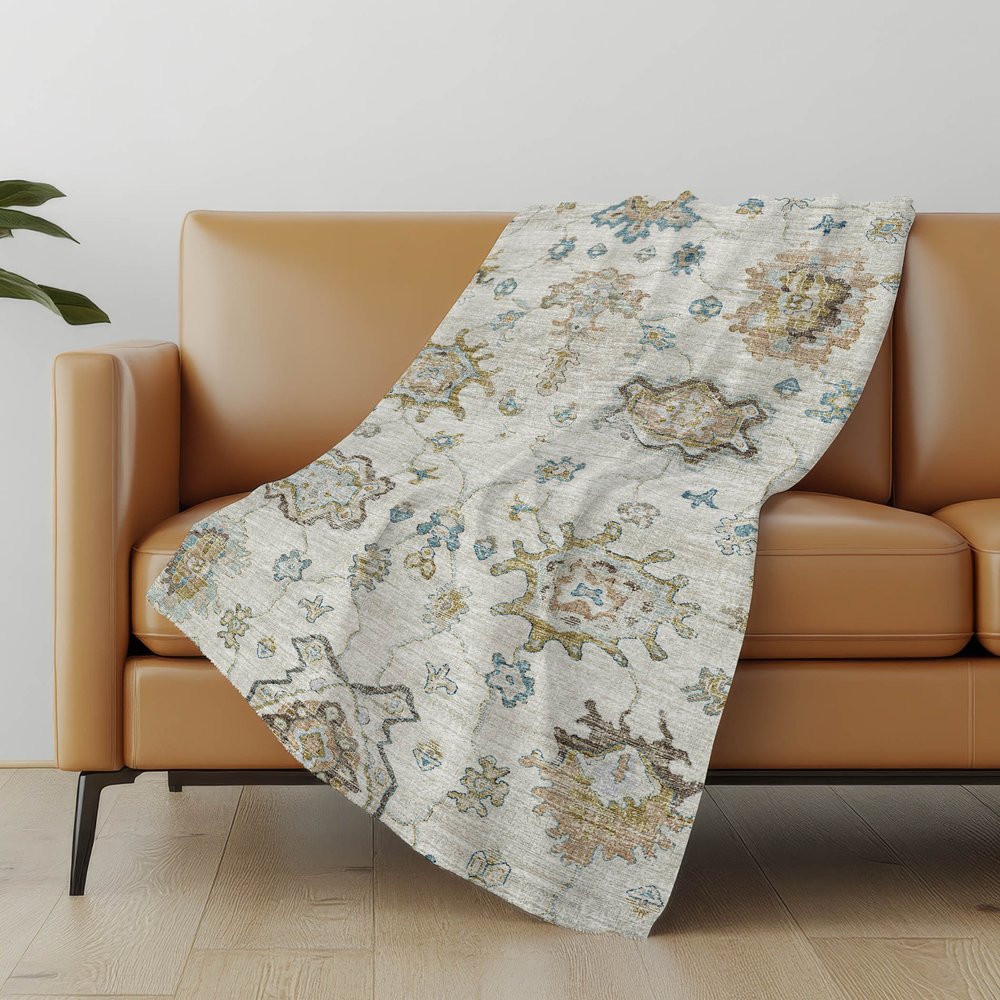 50" X 70" Linen Coffee And Teal Floral Microfiber Plush Throw Blanket