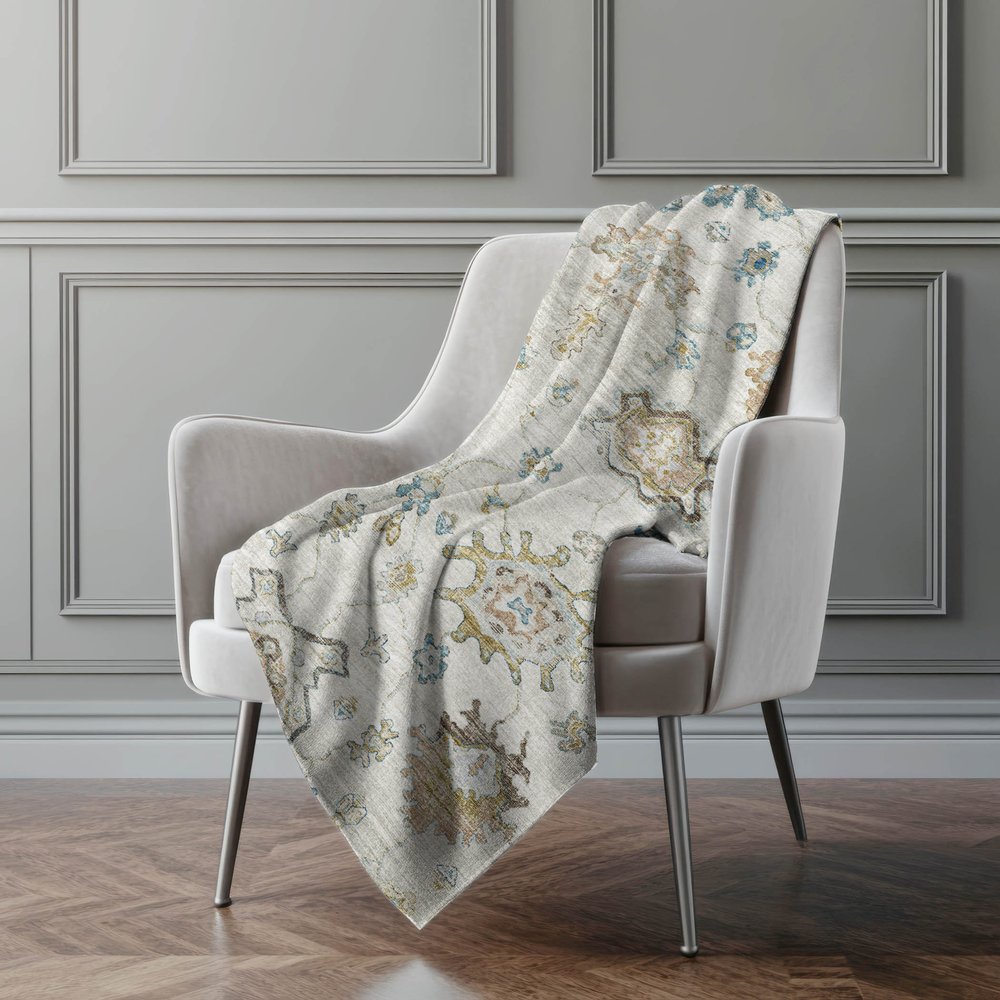 50" X 70" Linen Coffee And Teal Floral Microfiber Plush Throw Blanket