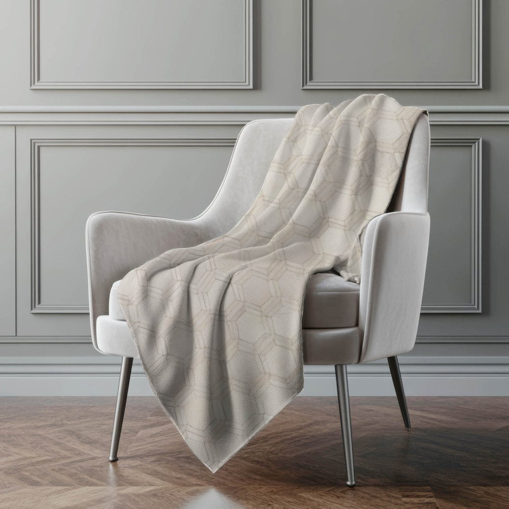 50" X 70" Ivory And Beige Geometric Microfiber Plush Throw Blanket