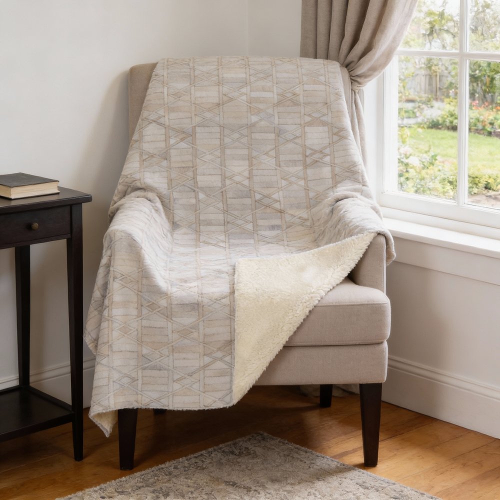 50" X 70" Ivory And Beige Geometric Microfiber Plush Throw Blanket