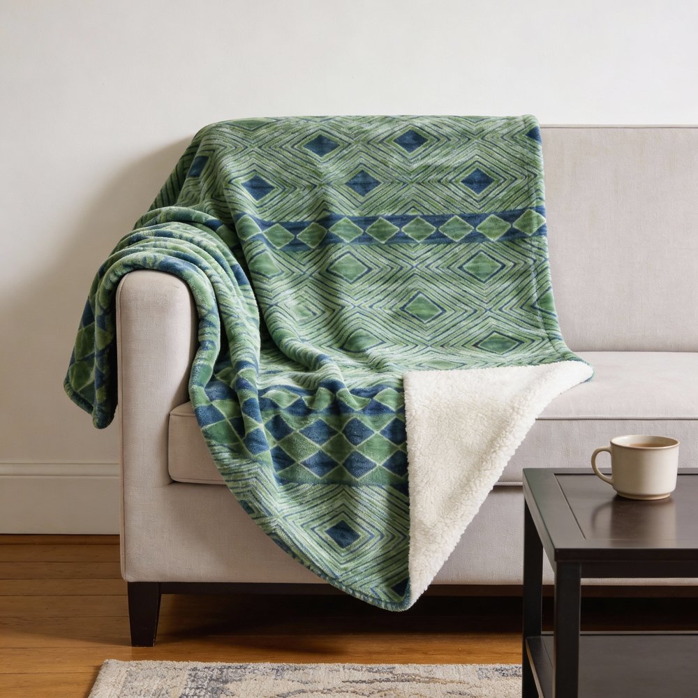 50" X 70" Green And Blue Geometric Microfiber Plush Throw Blanket