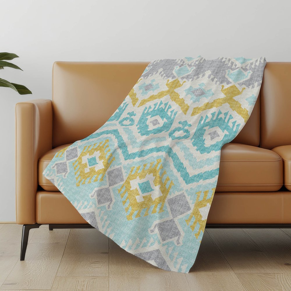 50" X 70" Aqua Gold And Ivory Ikat Microfiber Plush Throw Blanket