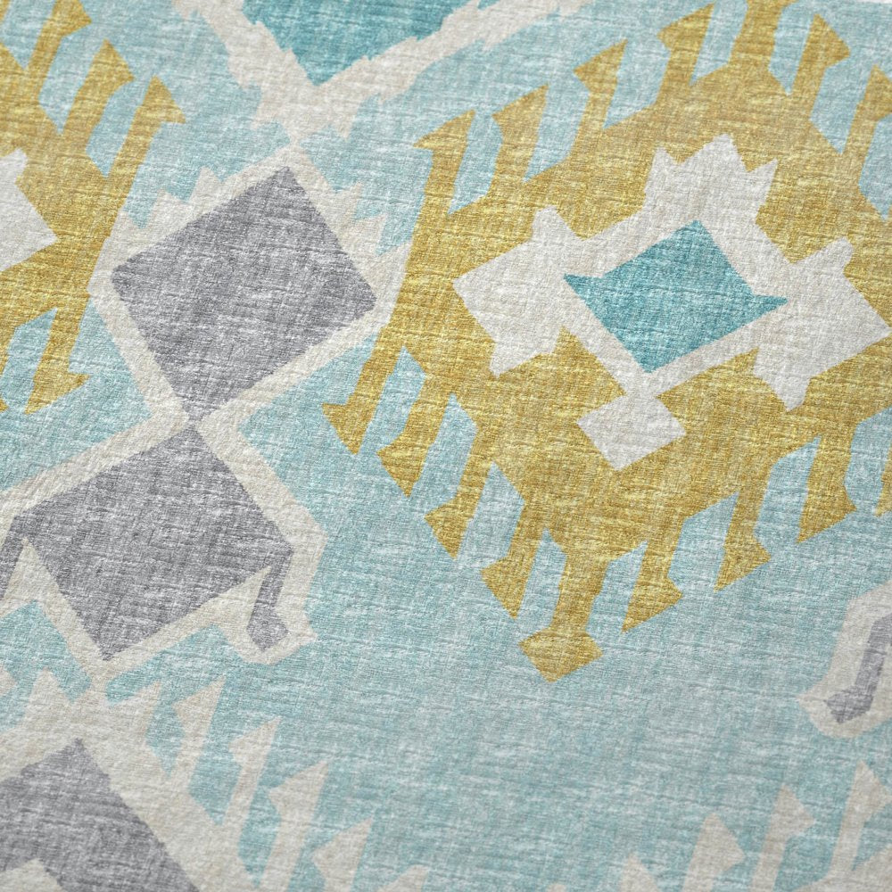 50" X 70" Aqua Gold And Ivory Ikat Microfiber Plush Throw Blanket