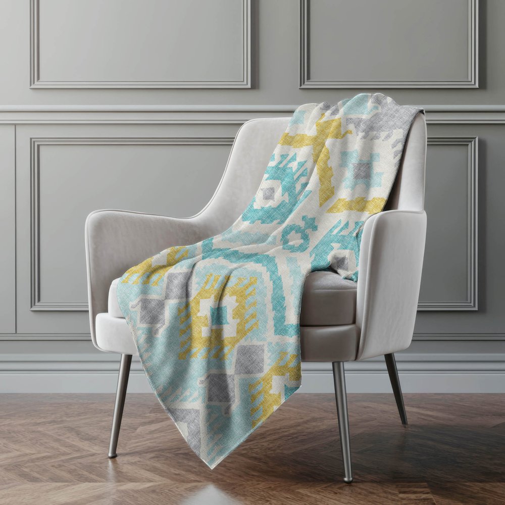 50" X 70" Aqua Gold And Ivory Ikat Microfiber Plush Throw Blanket