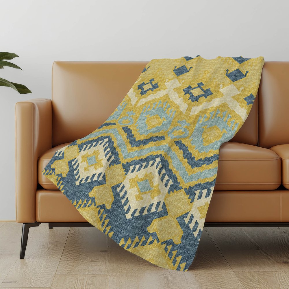 50" X 70" Yellow And Blue Ikat Polyester Woven Plush Throw Blanket